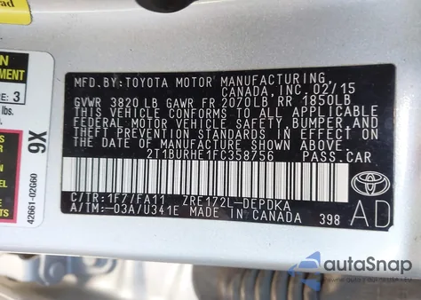 2015 Toyota Corolla L from USA, damaged, VIN 2T1BURHE1FC358756